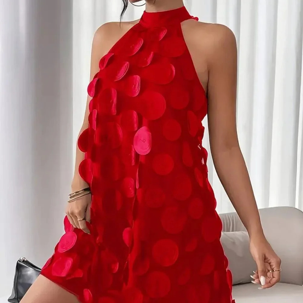 Halter Neck Circular Patch Dress (Color: RED) - Picture 3 of 3